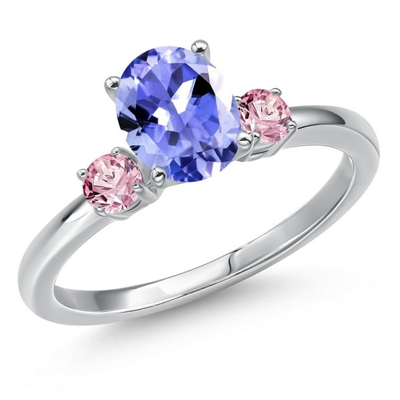 Gem Stone King 14K White Gold Blue Tanzanite and Pink Lab Grown Diamond Engagement Ring for Women | 1.42 Cttw | Oval 8X6MM | Gemstone December Birthstone | Size 5
