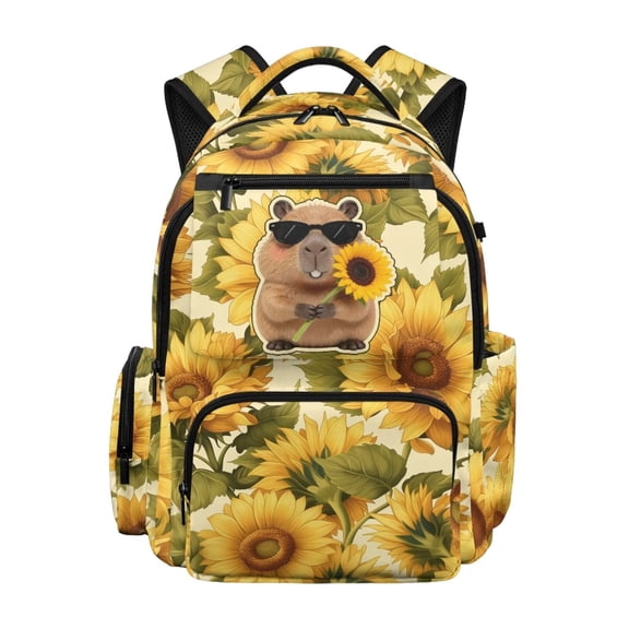 Jeiento 17 Inch Kids School Backpack Lightweight Large Capacity Sunflower Capybara Bookbag Water-Resistant Polyester Bag for Elementary Boys Girls, Travel, Hiking
