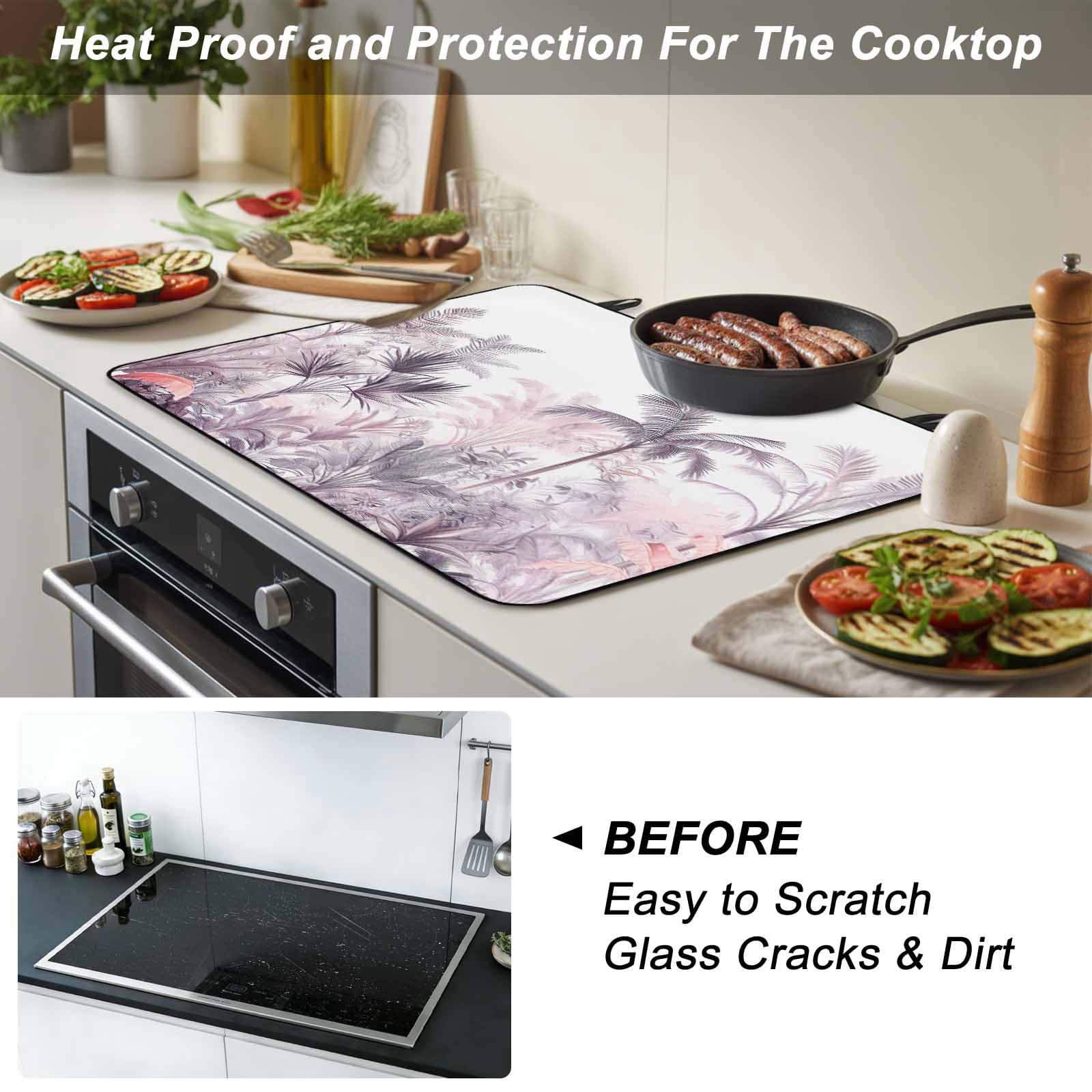 Pink Palm Tree Stove Top Cover for Electric Stove, Heat-proof & Non Slip Glass Top Stove Cover Protector, Forest Tropical Plants Flower Leaf Kitchen Flat Cooktop Rubber Mat 28.5x20.5 Inches
