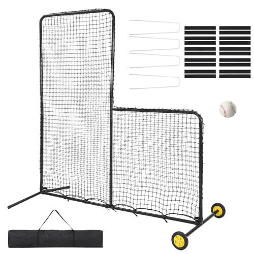 7×7FT L‑Shaped Baseball Pitching Net, Wheeled Portable Steel Softball Practice Screen