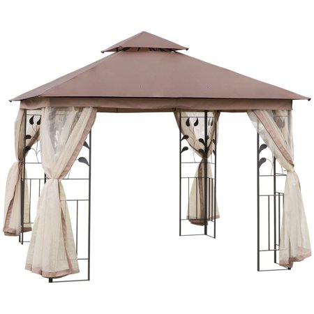 Outsunny 10‘ x 10‘ Metal Patio Gazebo Double Roof Outdoor Gazebo Canopy Shelter with Tree Motifs Corner Frame and Netting for Garden Lawn Backyard and Deck Brown