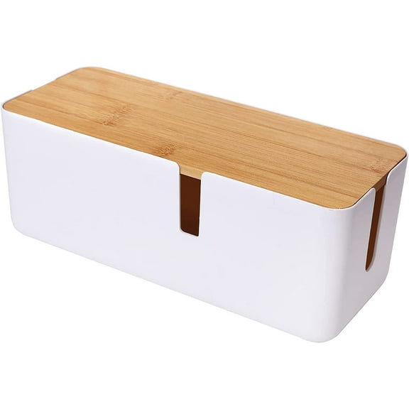 Small Cable Management Box with Bamboo Lid for Extension Cord Power Stripe Surge Protector Wire Concealer Organizer Cover Hider (White)