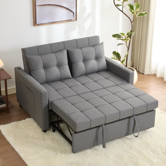 BIGSYY 52" Linen 3-in-1 Convertible Sleeper Sofa with Pull-Out Bed, Stepless Adjustable Backrest & Side Pocket - Dark Grey