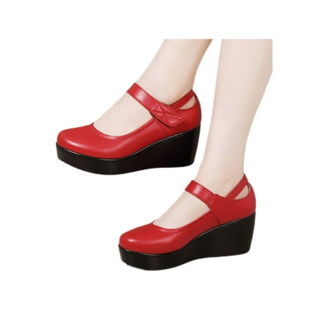 

Woobling Ladies Casual Shoes Wedge Pumps Mid Heel Mary Jane Work Dress Shoe Comfort Ankle Strap Non Slip Red 8