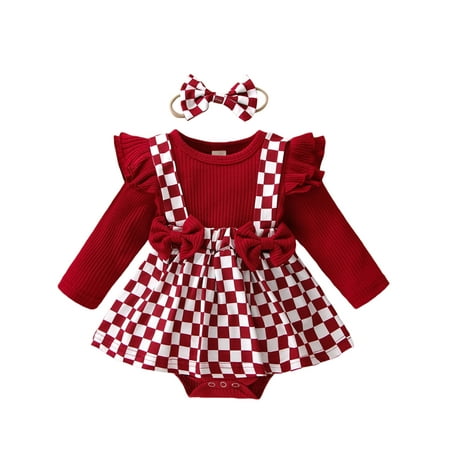 

Seyurigaoka 2Pcs Baby Girls Outfit Checkerboard Patchwork Pattern Long Sleeve Snaps Romper + Hairband Set for 0-24 Months Toddler Kids