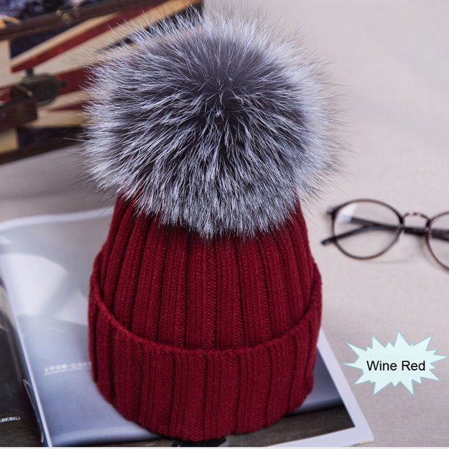 ITFABS Ladies Knitted Woolen Cap Solid Color Furry Ball Thick Stylish Hat