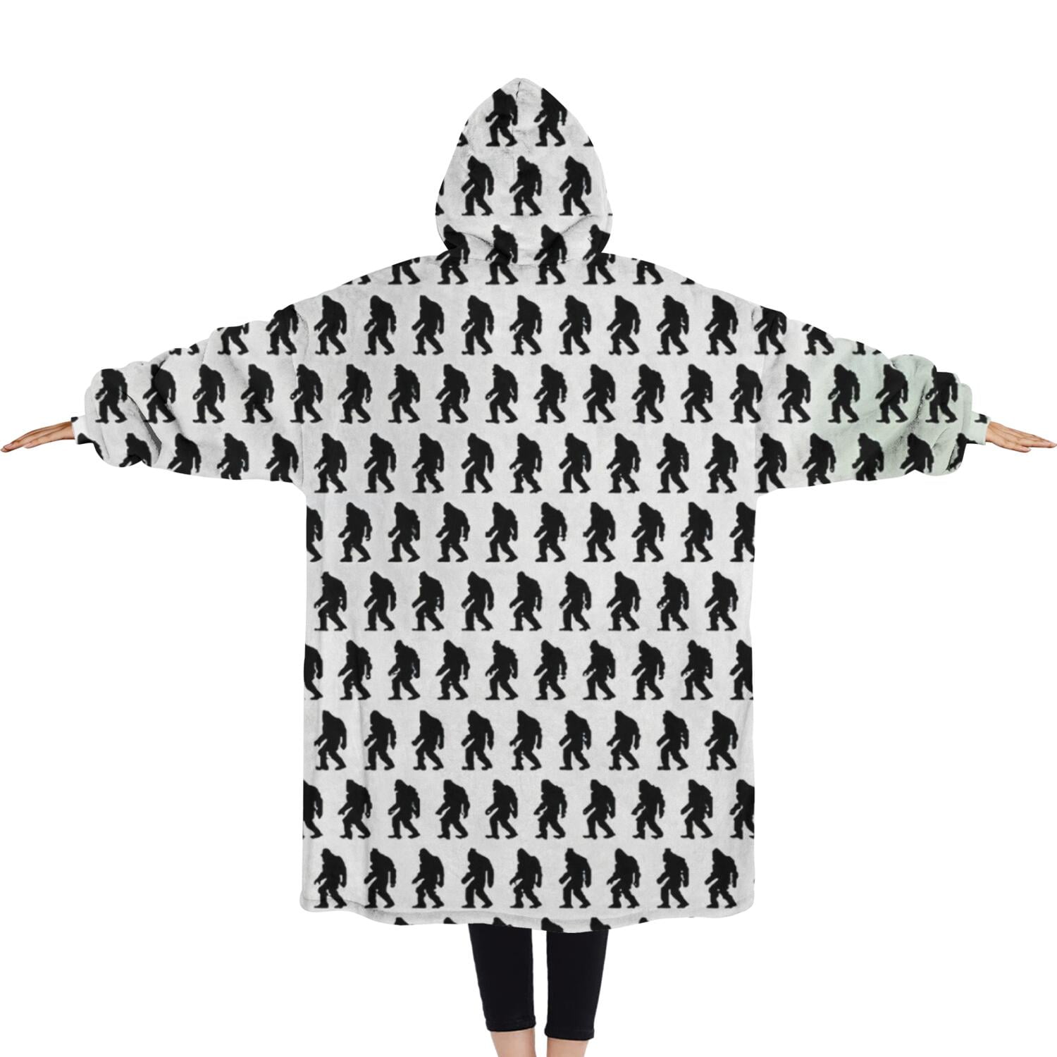 Oversized Wearable Blanket Hoodie,Black Bigfoot Pattern Sherpa Blanket Hoodie with Super Pockets,Super Warm Fuzzy Pullover for Women & Men