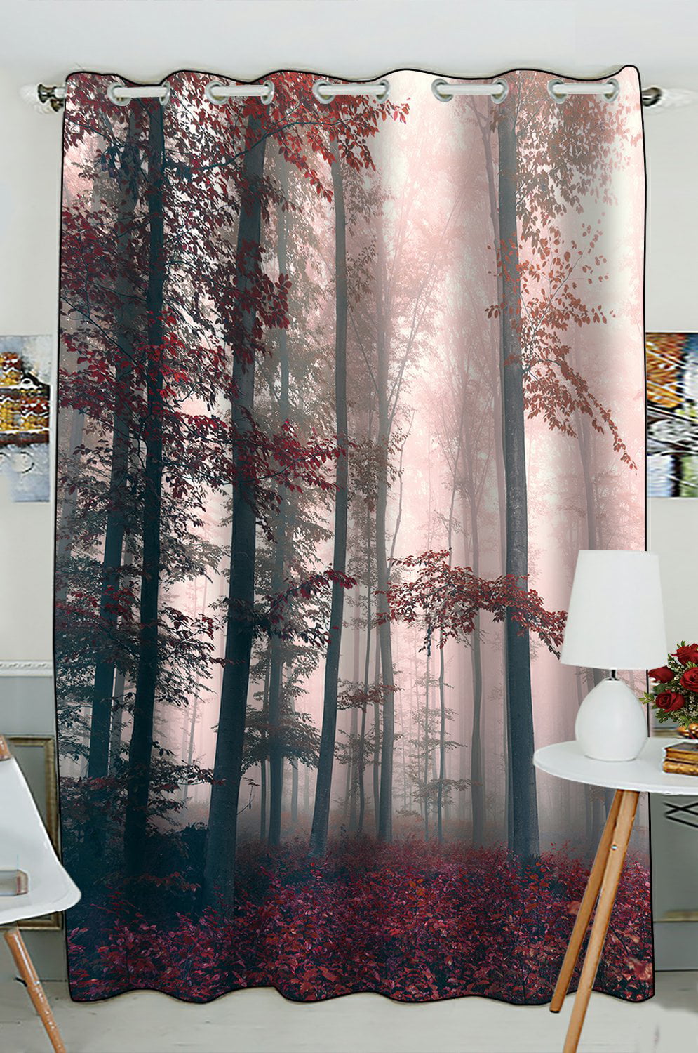 PHFZK Nature Scenery Window Curtain, Beautiful Red Colored Foggy Mystic ...