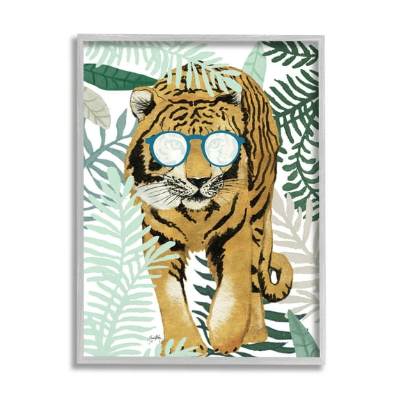 Stupell Industries Funny Tiger Wearing Glasses Green Fern Leaf Plants Graphic Art Gray Framed Art Print Wall Art, 11x14, by Elizabeth Medley