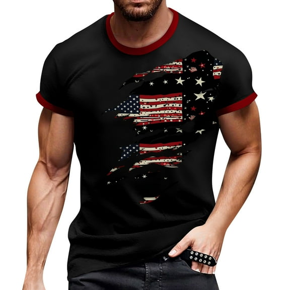 Men's Vintage-Inspired Button-Up Polo Shirt, Short Sleeve Top with Patriotic Stars Print for Summer ,Black L