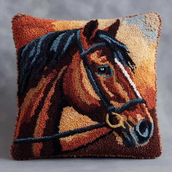 Latch Hook Cushion Kits, Animal Horse DIY Throw Pillow Cover, Stitching Latch Hook Pillow Kit 17x17inch