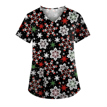 

jsaierl Christmas Scrub Tops for Women Short Sleeve Christmas Print Nurse Uniform Round Neck Shirt Plus Size Tees Blouse Top Christmas Gifts for Women