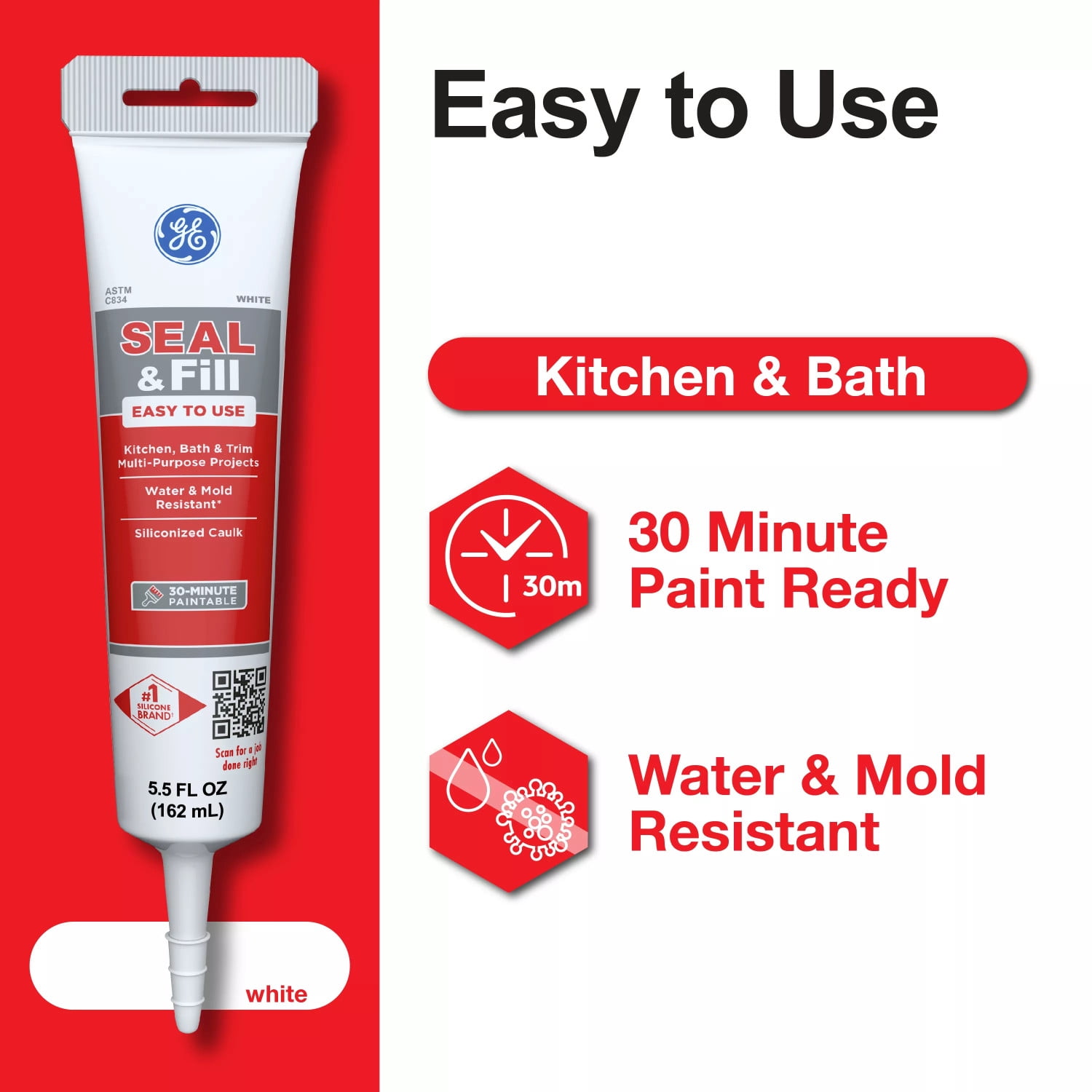 (3 pack) GE Seal And Fill Multipurpose Kitchen & Bath, Pack of 1, White 5.5 fl oz Tube