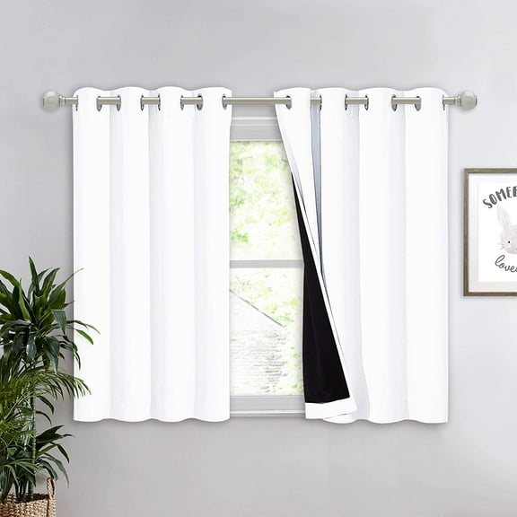 EnjinZZ White 100% Blackout Curtain 45 inches Long, 2 Thick Layers Completely Blackout Window Treatment Thermal Insulated Lined Drape for Small Window (1 Panel, 52 inches Width Each Panel)
