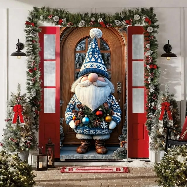 Christmas Door Cover 35×71 Inch Polyester Santa Claus Pattern | Durable Holiday Door Decoration • Wall & Party Decor | Easy Install Front Indoor Outdoor