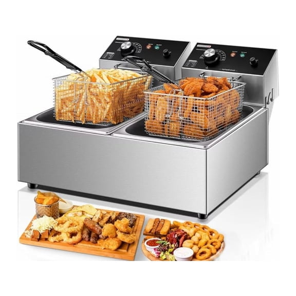 Deep Fryer with Basket, 3400W 20.7Qt Dual Deep Fryer with Temperature Control, Large Capacity Stainless Steel Electric Countertop Fryer for Restaurant or Home Use