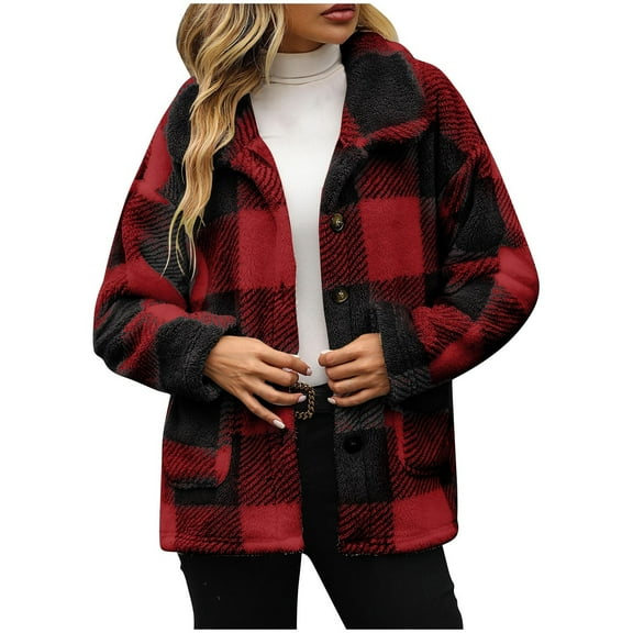 Maean Women Fleece Jacket Sherpa Fuzzy Plaid Coats Button down Fall Winter Warm Shackets with Pockets