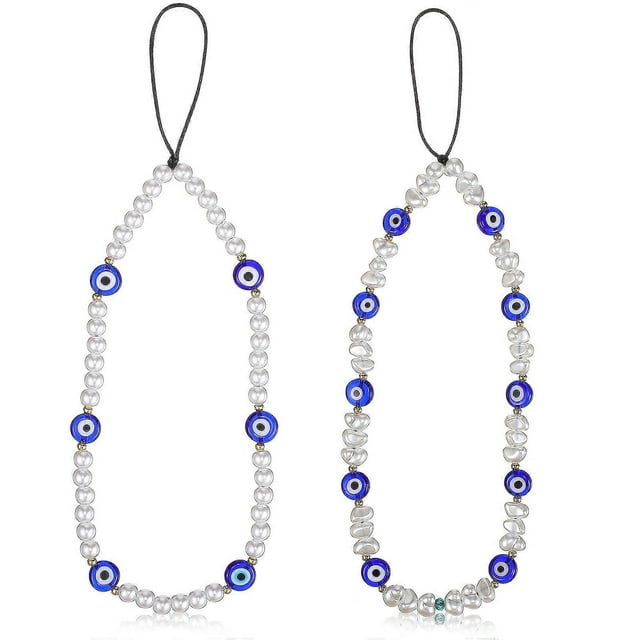 2Pcs Mobile Phone Lanyards Pearl Evil Eye Beaded Phone Charm Wrist Strap Hanging Pendant Decoration