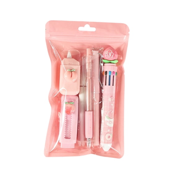 6-Piece Kawaii Animal Stationery Set, 10-Color Retractable Pen with Pencil & Highlighter in Resealable Bag