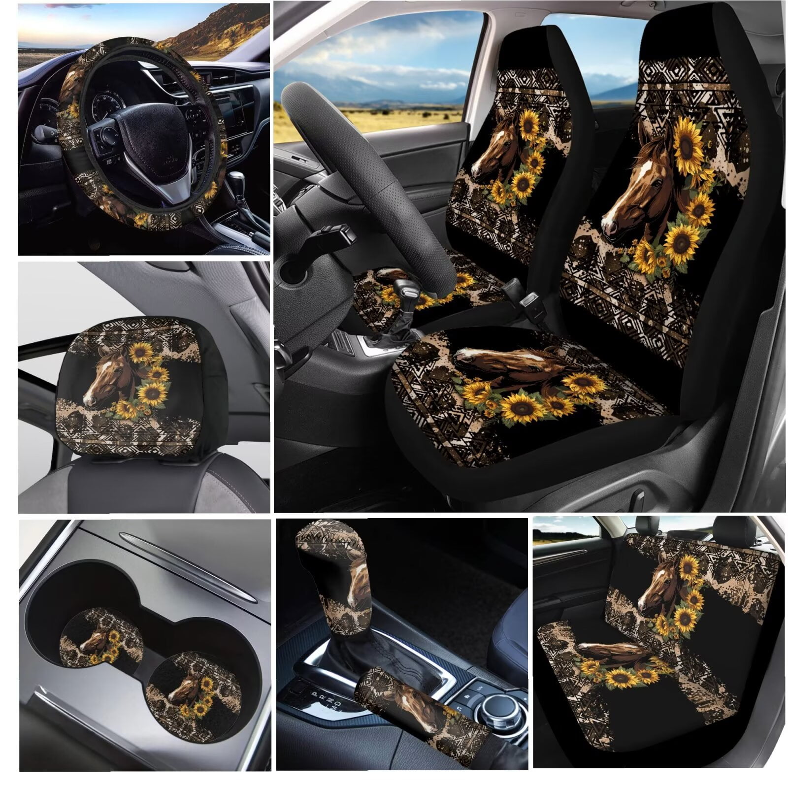 Garronmavis Aztec Horse Car Accessories Set Steering Wheel Wrap Gear Shift Cover Handbrake Sleeve Headrest Protectors Cup Coasters Easy to Install Air Breath in Summer Universal Interior Accessories