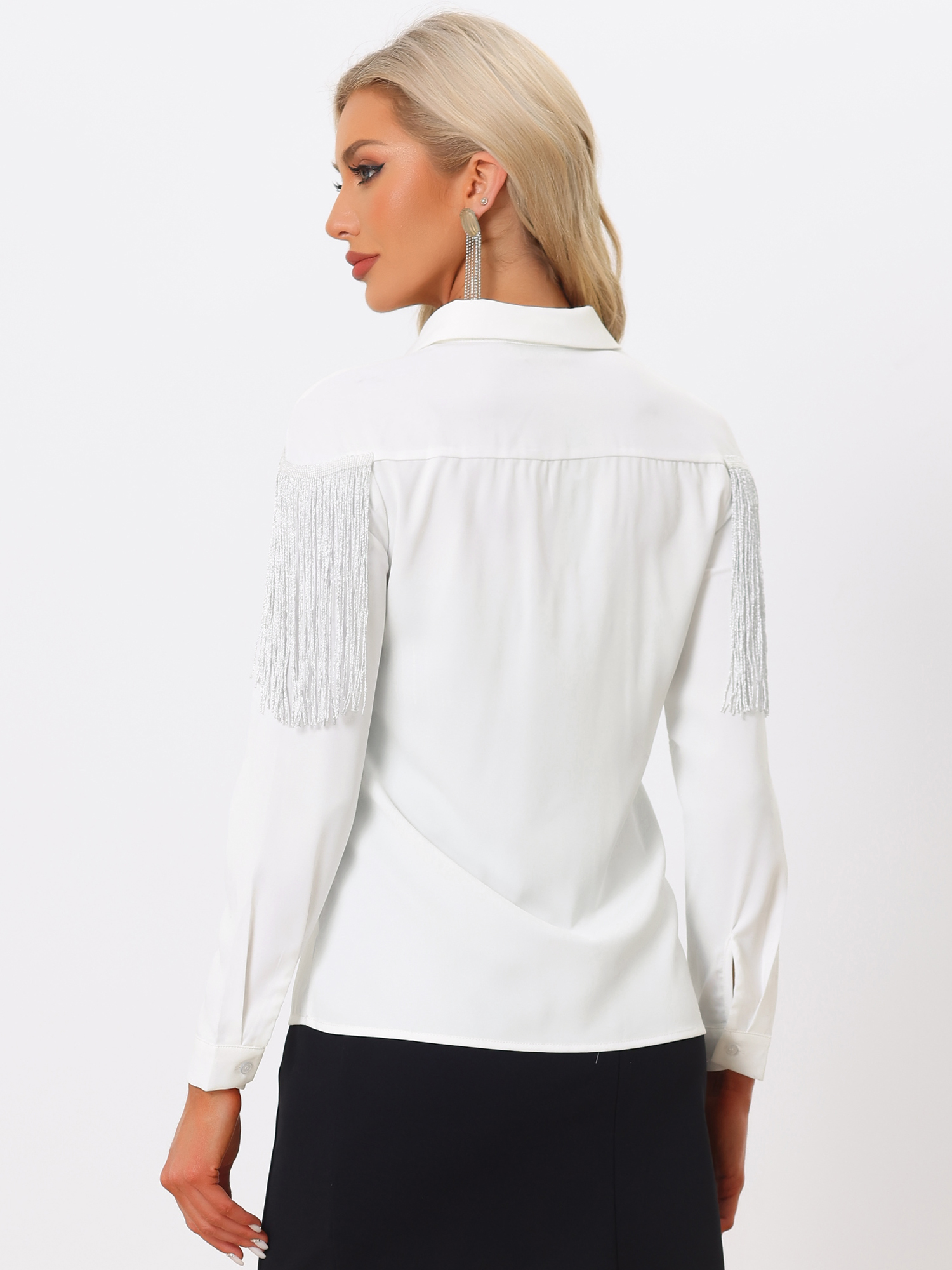 DARING DIVA Women's Fringe Button Down Disco Shirts Blouse XS White