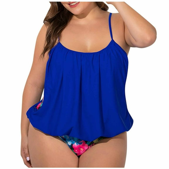 QLEICOM Womens Swimsuits Tummy Control Plus Size Swimsuit Coverup Large Swimsuit With Chest Pad Two-Piece Triangular Flower Pants With Large Pocket Conservative Split Swimsuit Blue L