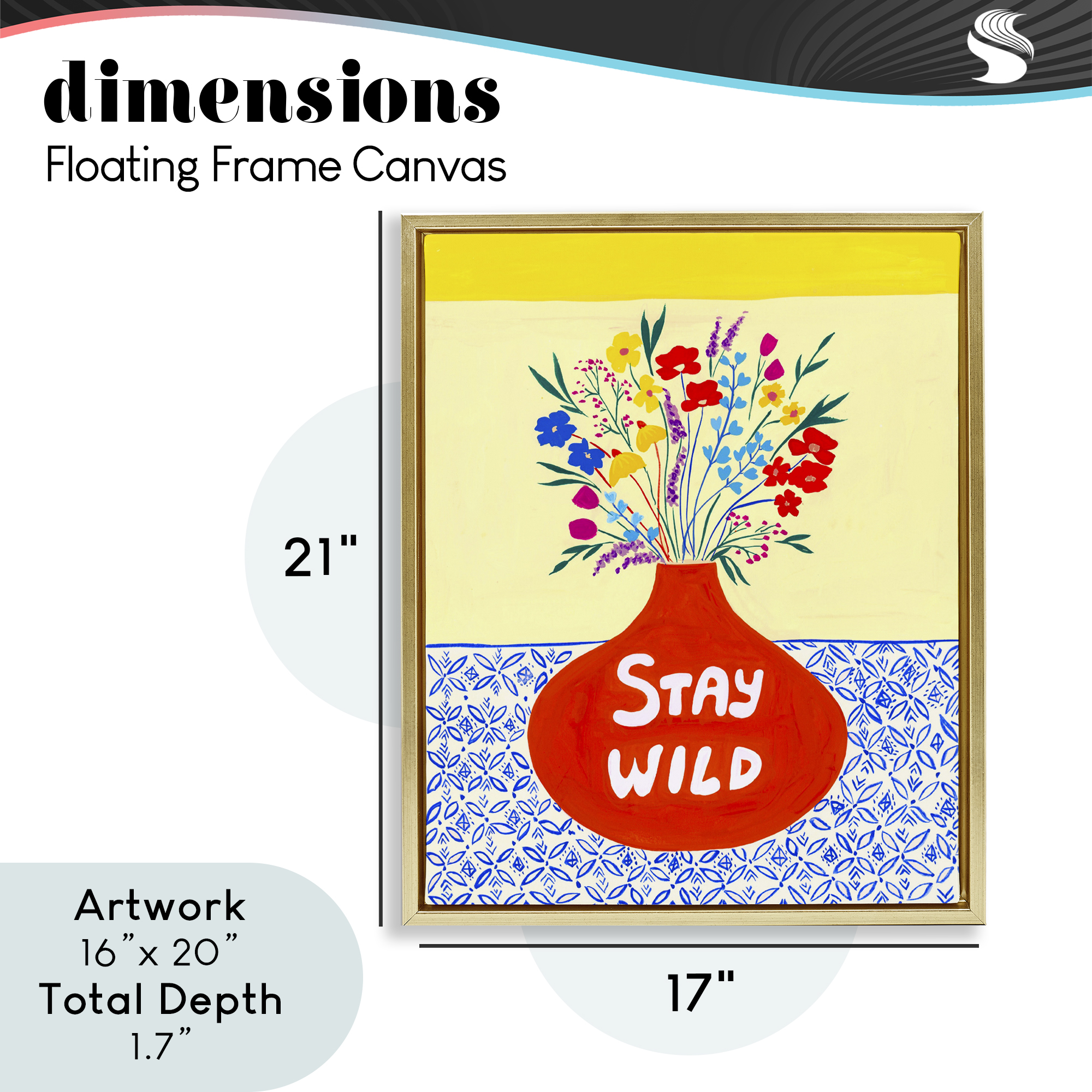 Stay Wild Midcentury Flowers Gold Framed Floater Canvas Wall Art, design by Nabeela Rumi