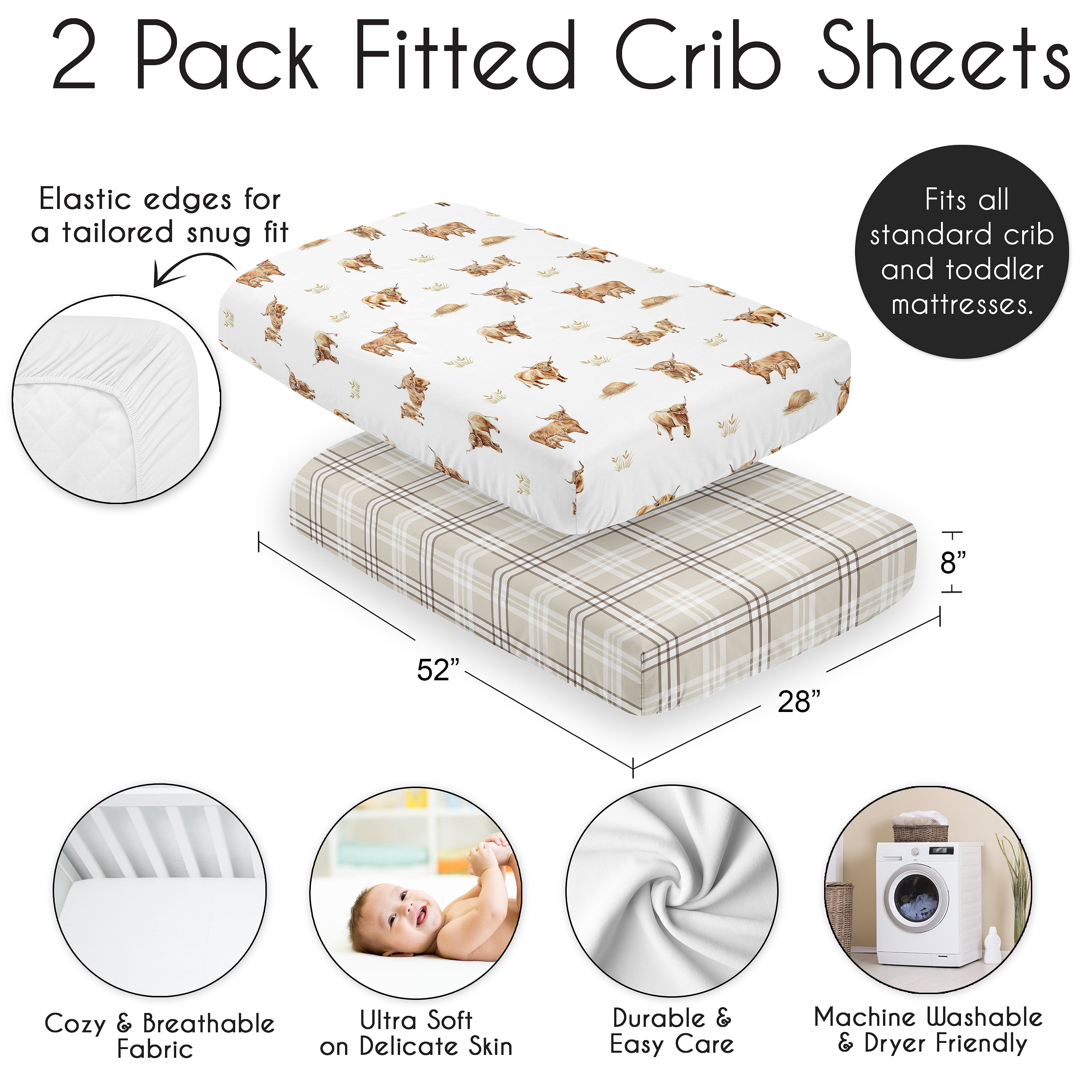 Sweet Jojo Designs Boho Highland Cow & Plaid Boy, Girl, Unisex/Gender Neutral Fitted Crib Sheets Set 2 Piece
