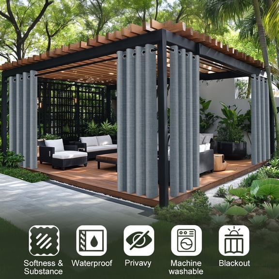 4 Panels Outdoors Curtains, 100% Blackout Linen Textured Curtains, Grommet Room Darkening Drapes, Thermal Insulated Luxury Window Treatments, 4 Panels