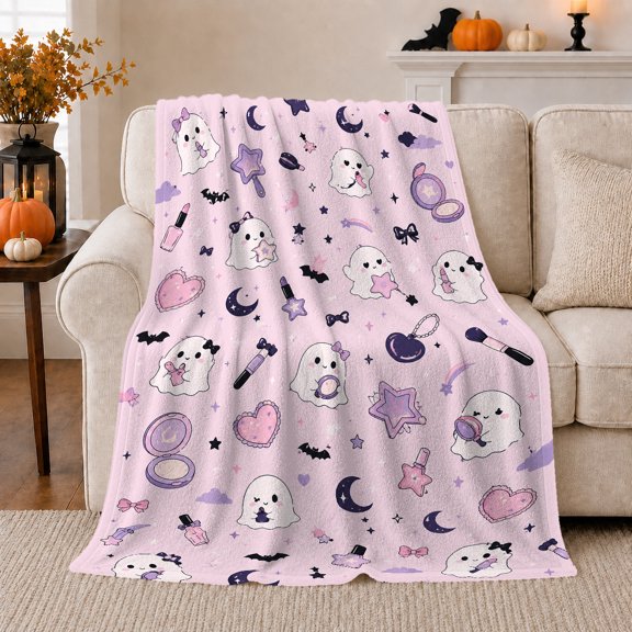 Cute Ghosts With Cosmetics And Celestial Accents, Soft Flannel Blanket with Cute autumn celebration Cartoon Print, Housewarming Gift and Home Decor for Bedroom and Living Room