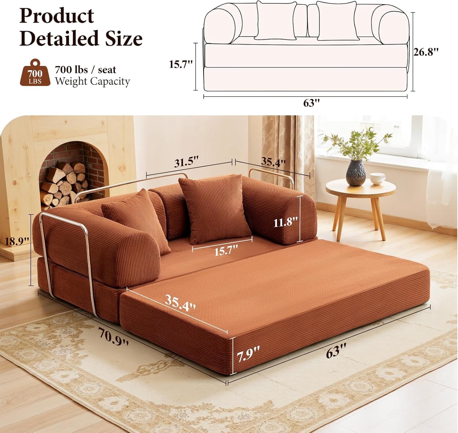 COOLHUT 63" W Combination Sofa, High Rebound Density Sponge Sofa Couch, Two Forms Floor Couch Three Seats Sofa Bed for Living Room, Bedroom, Pumpkin Brown