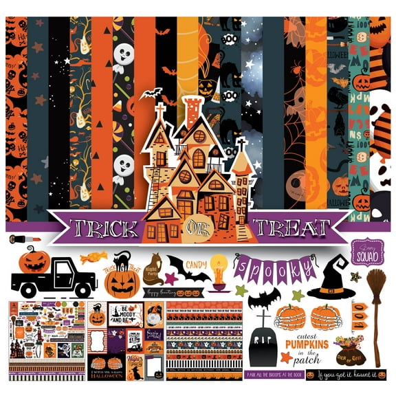 Inkdotpot Halloween Theme Collection Double-Sided Scrapbook Paper Kit Cardstock 12"x12" Card Making Paper Pack With Sticker Sheet - 16 Pages - Orange & Black