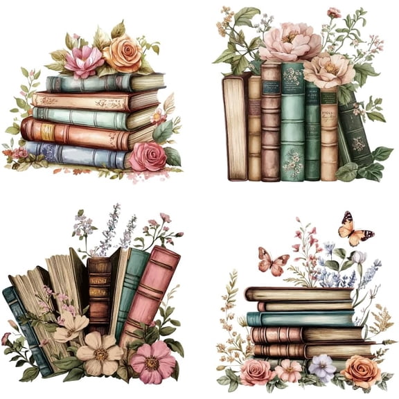 4 Pcs Books Theme Heat Transfer Film Logo Stickers Set 4 Styles Books Flowers Butterfly Heat Transfer Stickers Iron on Decals for T-Shirts Patches Bags Hats DIY Crafts Multi-color