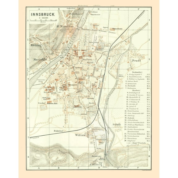 Historic Map - Innsbruck Austria - Baedeker 1896 - 23 x 29.05 - Vintage Wall Art