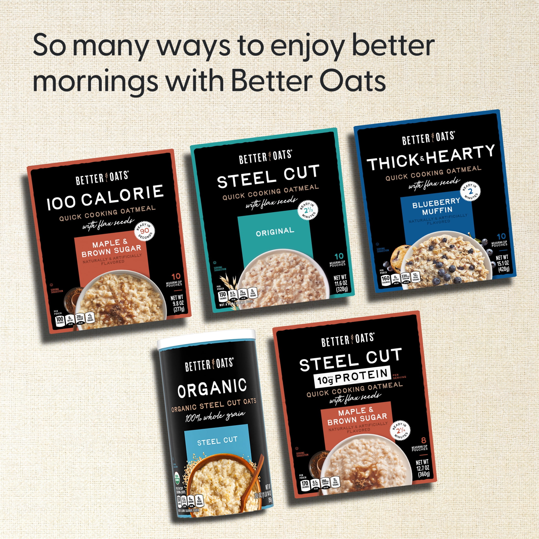 Better Oats 100 Calorie Cinnamon Roll Oatmeal with Flax Seeds, 10 Instant Oatmeal Packets, 9.8 oz Pack