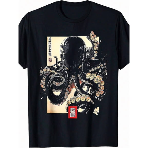 Dark Octopus Japanese Art Print T-Shirt, Unisex, 2025 Summer Short Sleeve Print T-Shirt, 220g Pure Cotton
