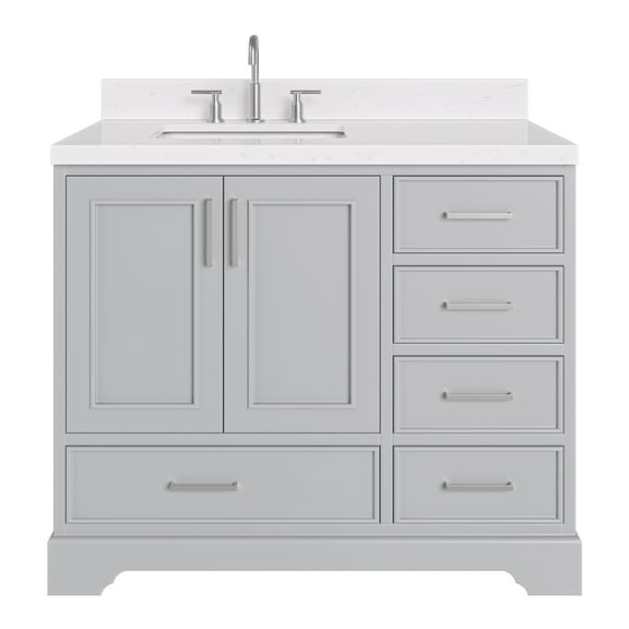 Ariel Stafford 42 Inch Single Left Offset Rectangle Sink Bathroom Vanity With Carrara White Quartz Countertop 1.5 Edge In Grey
