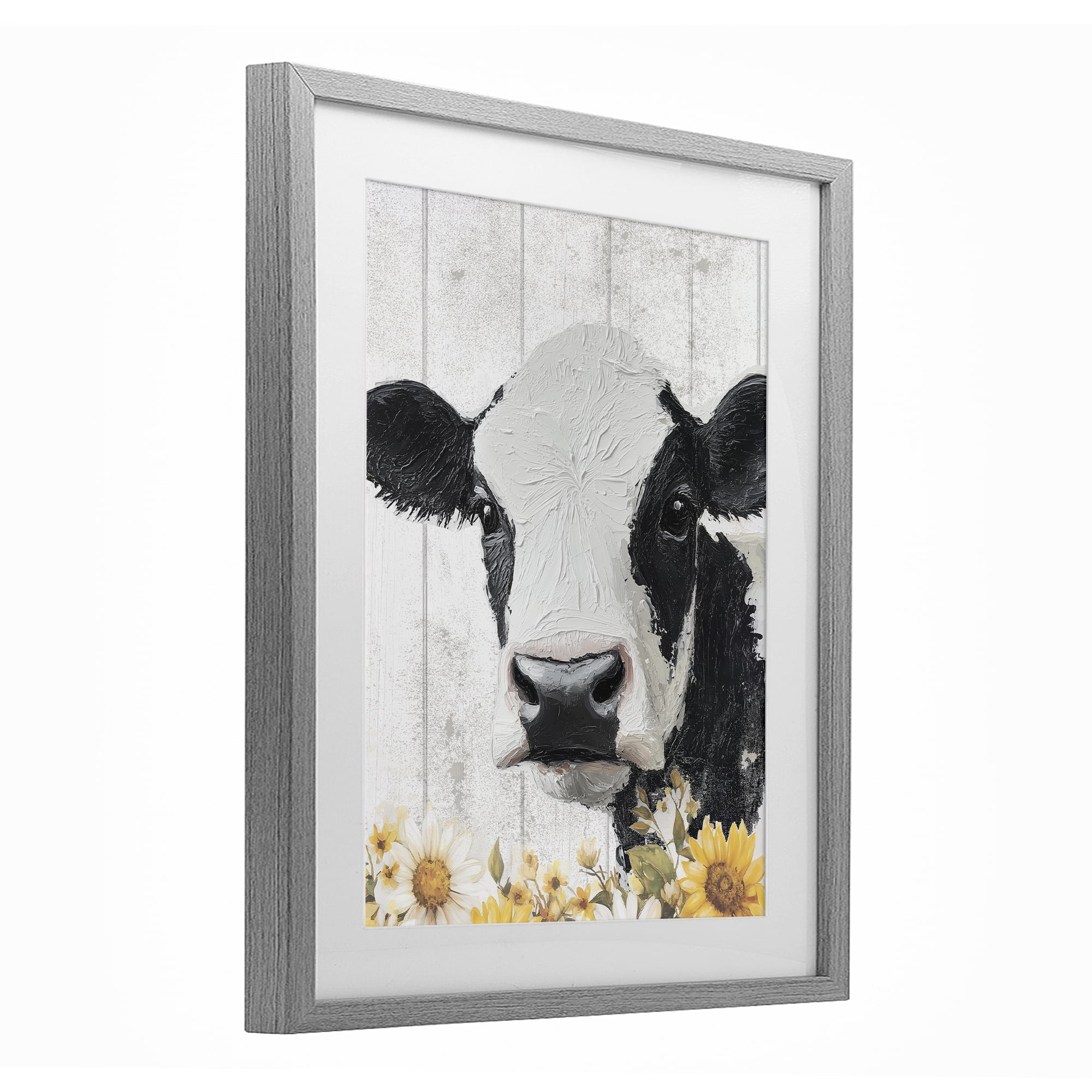 Stupell Industries Cow and Sunflowers Gray Framed Print Under Glass, design by Christine Simpson Art