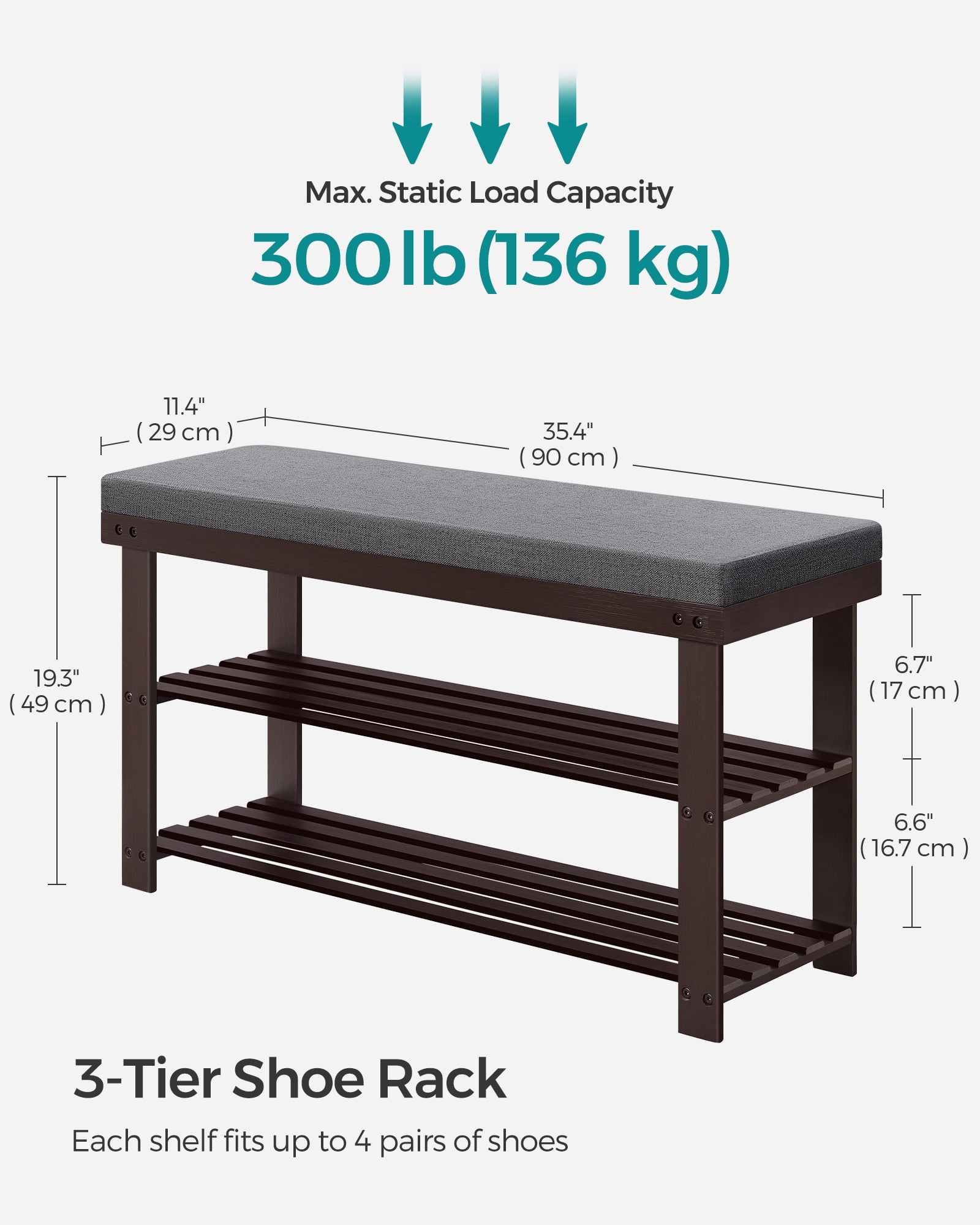 2 Tier Bench Shoe Rack, Holds up to 8 Pairs, Brown