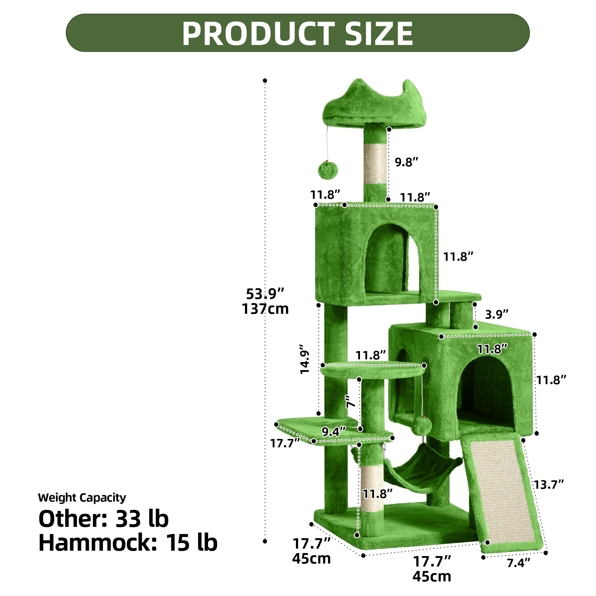 Uforic Cat Tree Tower 54" Multi-Level Cat Condo with  Scratching Posts&Hammock, for indoor Small Cats, Green