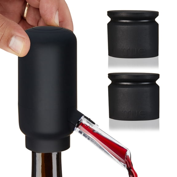True Electric Aerating Wine Pourer, Automatic Spout for Decanting with 2 Bottle Stoppers, Drip-Free Pour, Set of 3