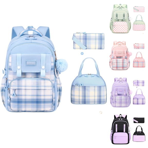 Pink Plaid Backpack Set 3 Piece, Large Capacity Laptop Bag for Women Teens, Waterproof Oxford Cloth School Bookbag with Lunch Box & Pencil Case, Cute Travel Daypack Gift
