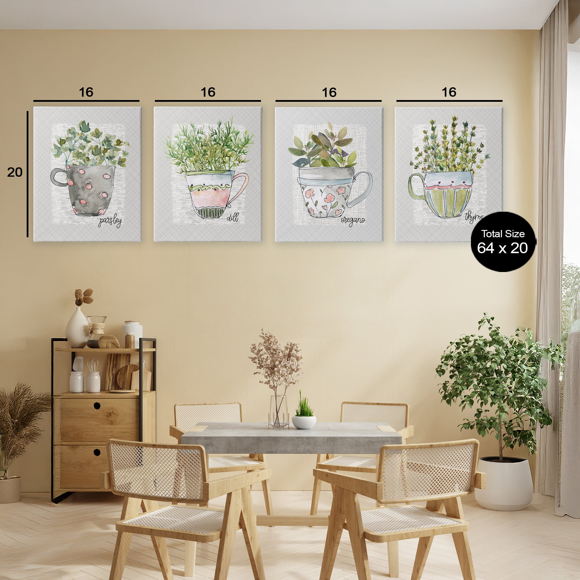 Stupell Industries Kitchen Herbs in Mugs 4 Piece Canvas Wall Art Set, design by Livi Finn