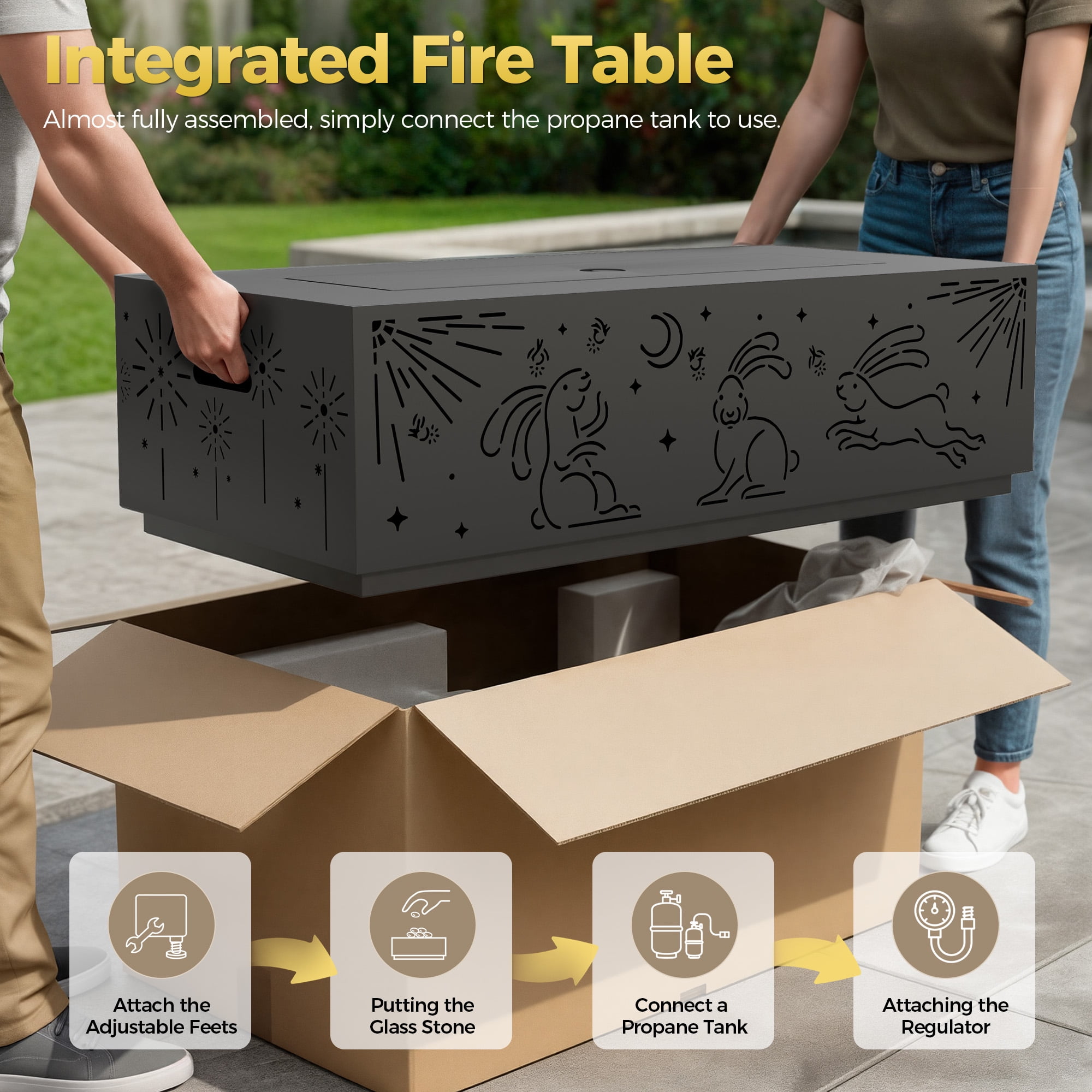 RADIATA 42" Rectangle Fire Pit Table, Dual-Fuel (Propane or Natural Gas), 50000 BTU,LED Rabbit Light, CSA Certified, Dark Gray