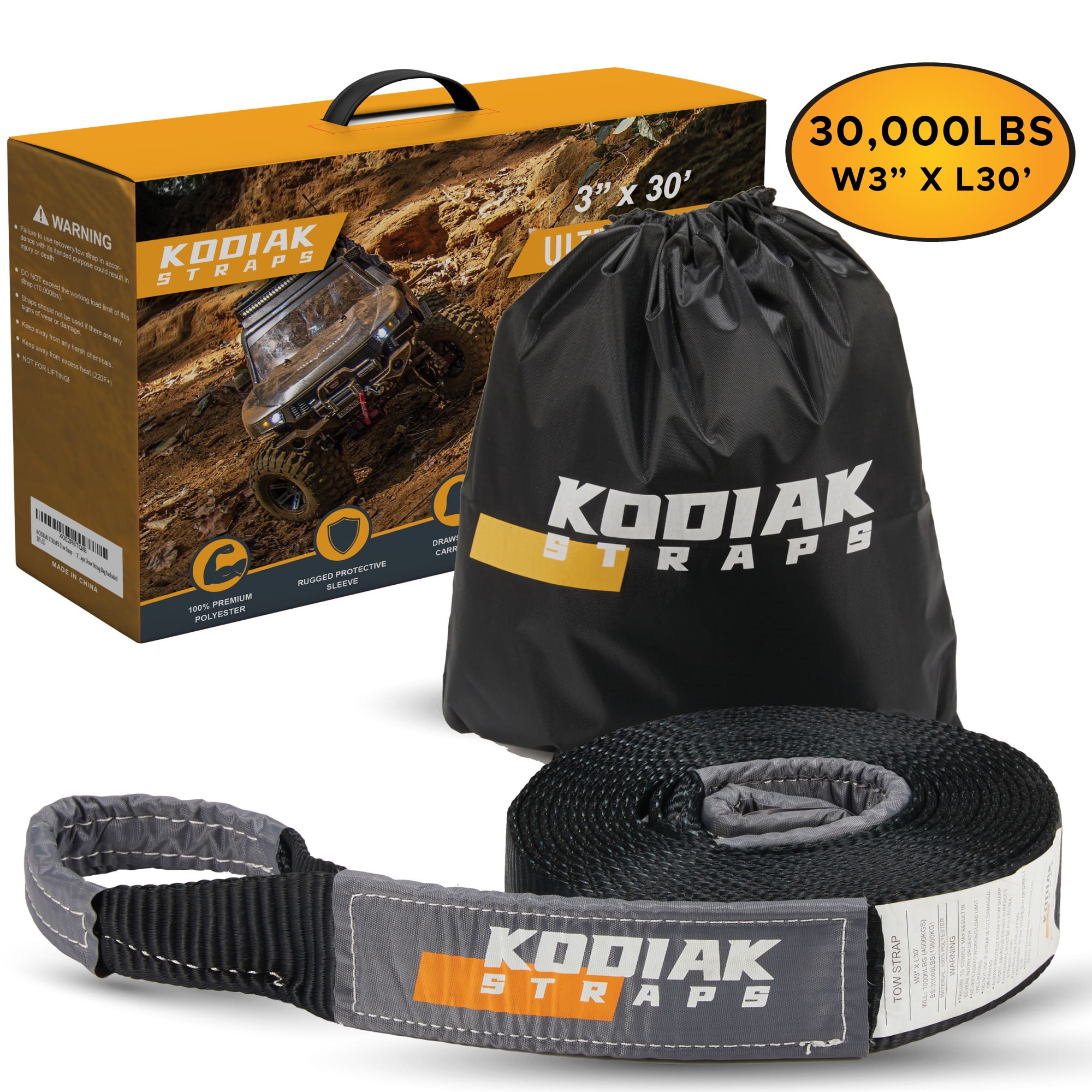 KODIAK STRAPS Tow Strap 3'' x 30ft Car Tow Straps Heavy Duty with