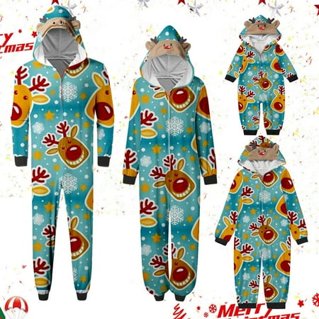 

Christmas Pajamas for Family Blue Family Christmas Pjs Matching Sets Kids Casual Christmas Parent Child Outfit Printed Pajamas Jumpsuit Home Outfit Hooded Jumpsuit