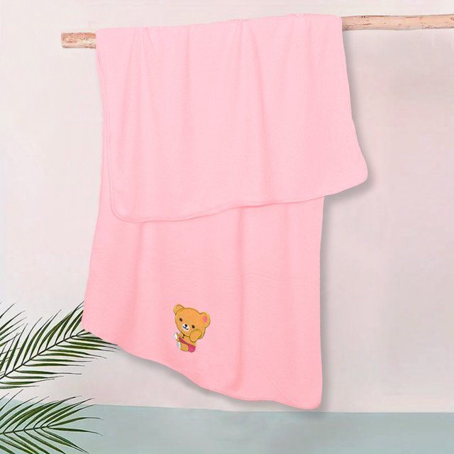 Toalla de baño para niños de Microfibra , suave, absorbente, de secado rápido, cómoda, con bordes, para niños y niñas. Mod. Rosa-Oso