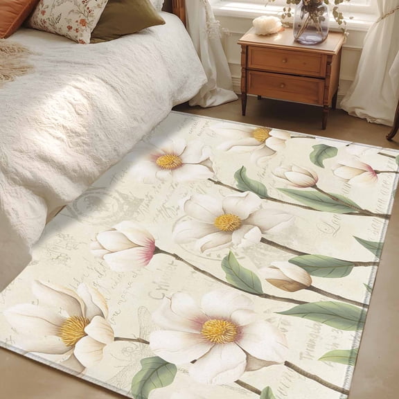 Area Rug for Living Room, White Floral Non-Slip Indoor Large Carpet for Bedroom/Dining Room, Spring Country Vintage Flower Leaf Plant Washable Low-Profile Rectangle Floor Mat Runner Rugs - 2.7 x 5 Ft