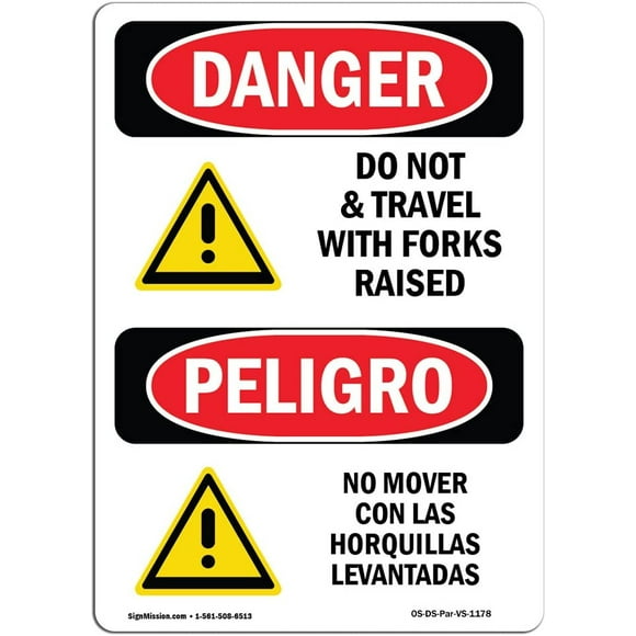 OSHA Danger Sign - Do Not Travel with Forks Raised Bilingual | Aluminum Sign | Protect Your Business, Construction
