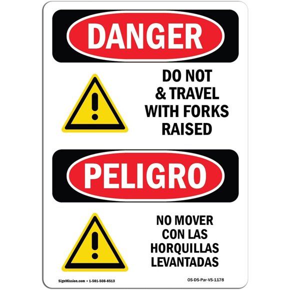 OSHA Danger Sign - Do Not Travel with Forks Raised Bilingual | Aluminum Sign | Protect Your Business, Construction
